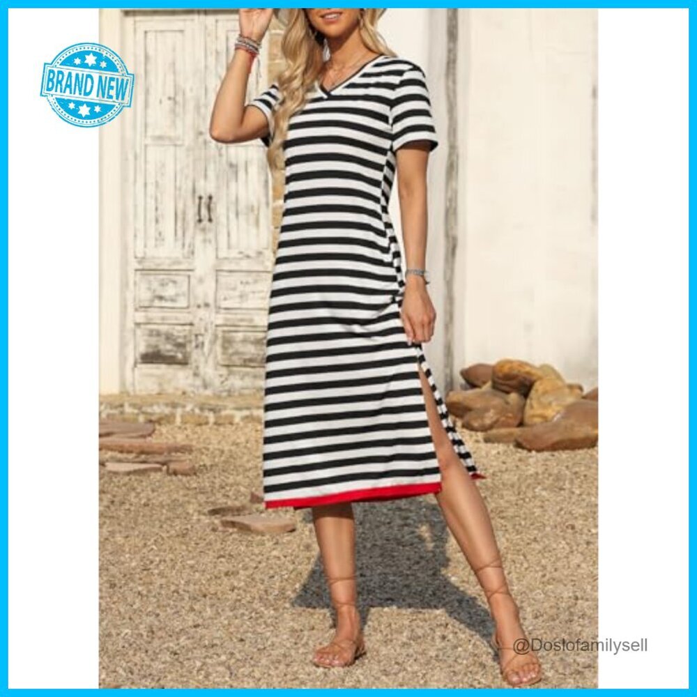 Striped Maxi Dress Casual Chic Split Side Summer T-Shirt Style Trendy View 3